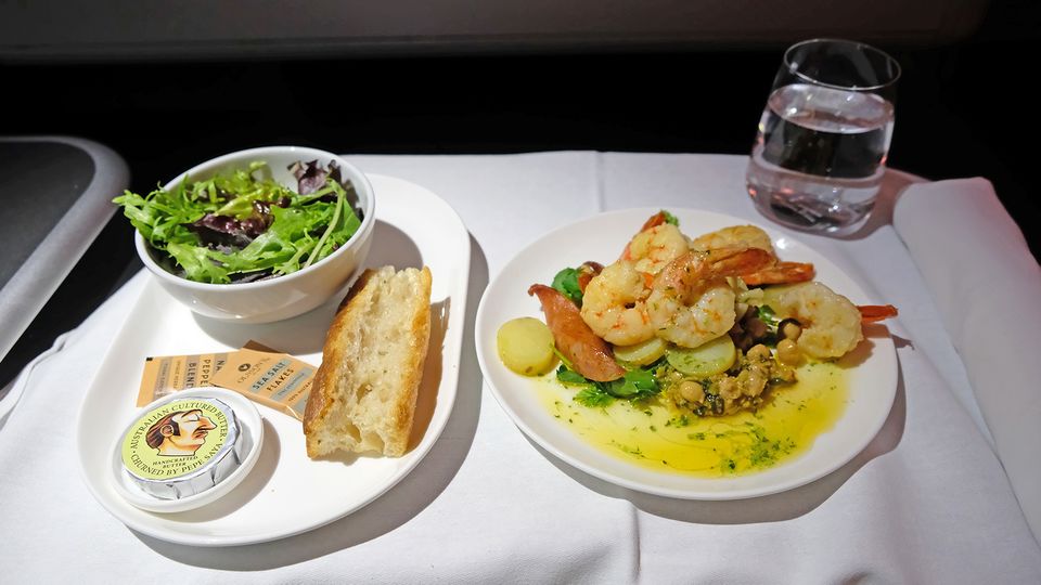 Tiger prawns with ciabatta bread and Neil Perry's green leaf salad.