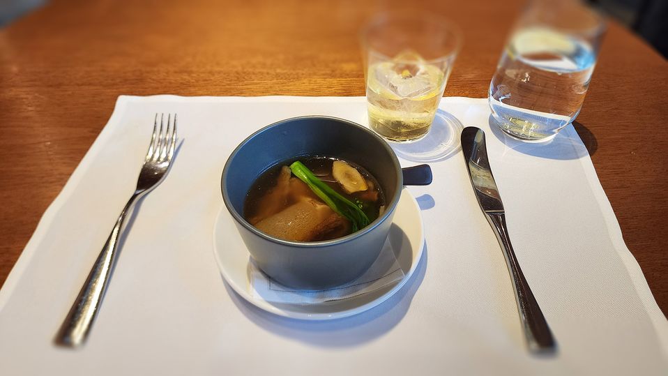 Double-boiled chicken soup, porcini and bamboo pith.